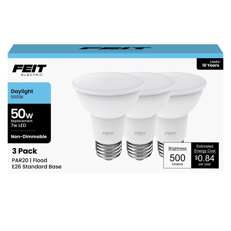 Feit Electric PAR20 LED Light Bulb, 50W Equivalent, Non-Dimmable, 5000K Daylight White, E26 Base, 500 Lumen, Indoor/Outdoor Recessed Light Bulb, 10-Year Lifetime, PAR2050/850/10KLED/3, 3-Pack