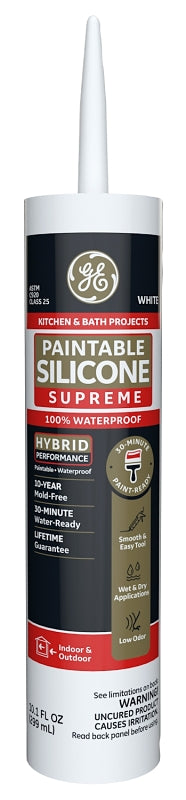 GE Supreme Paintable Silicone Caulk for Kitchen & Bathroom - 100% Waterproof Silicone Sealant, 7X Stronger Adhesion, Shrink & Crack Proof - 9.5 fl oz, White, 1 Pack 2733743