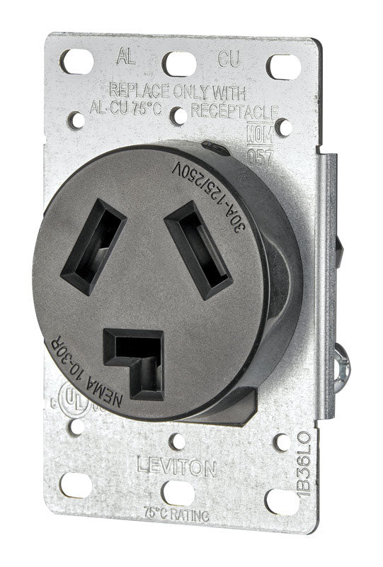 Leviton 30 Amp, 125/250 Volt, NEMA 10-30R, 3P, 3W, Flush Mtg Receptacle, Straight Blade, Industrial Grade, Non-grounding, AL-CU, Side Wired, Steel Strap-Black, 5207-S10