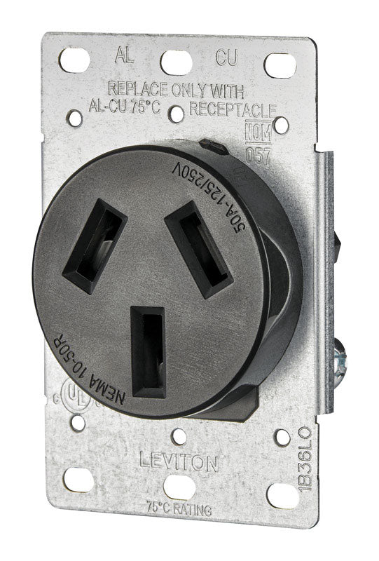 Leviton 5206-S10 50 Amp, 125/250V, Nema 10-50R, 3P, 3W, Flush Mounting Receptacle, Straight Blade, Industrial Grade, Non-Grounding, Side Wired, steel Strap, Black