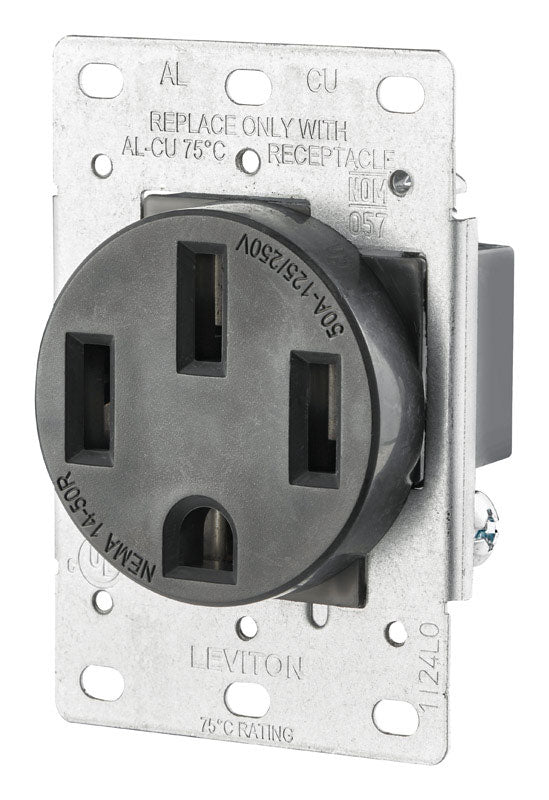 Leviton 279-S00 50 Amp, 125/250 Volt, Nema 14-50R, 3P, 4 W, Flush Mounting Receptacle, Straight Blade, Industrial Grade, Grounding, Side Wired, Steel Strap, Black