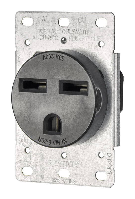Leviton 5372-S00 30 Amp, 250V, Nema 6-30R, 2P, 3W, Flush Mtg Receptacle, Straight Blade, Industrial Grade, Groundingside Wired, steel Strap, Black
