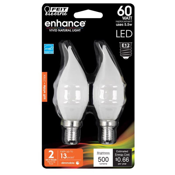 Feit Electric BPCFF60/927CA/FIL/2 LED Bulb, Decorative, Flame Tip Lamp, 60 W Equivalent, E12 Lamp Base, Dimmable BPCFF60927CAF2R