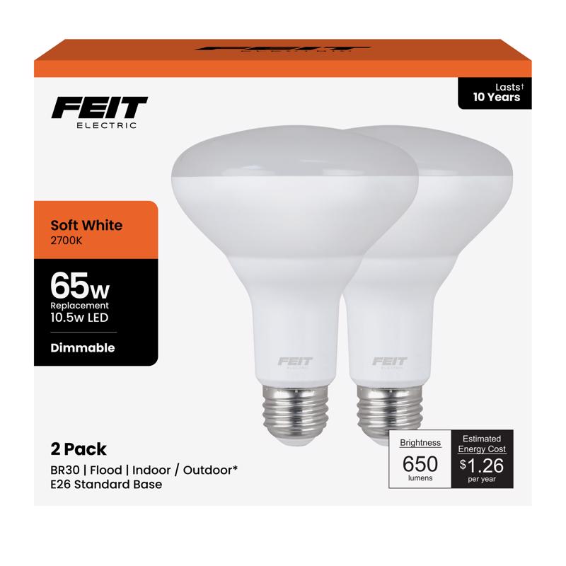 Feit Electric LED BR30 Light Bulbs, 65W Equivalent, Dimmable, 10 Year Life, 650 Lumens, 2700K Soft White, E26 Base Recessed Can Light Bulbs, Flood Light Bulbs, Damp Rated, 2 Pack, BR30DM/10KLED/2