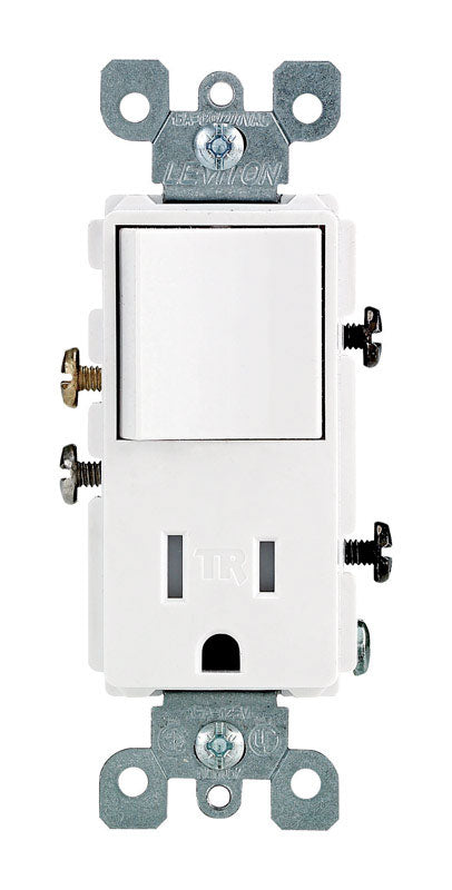 Leviton Decora 5625 Series R62-T5625-0WS Rocker Combination Switch/Receptacle, 120 V Switch, 125 V Receptacle, 1-Pole T5625-W