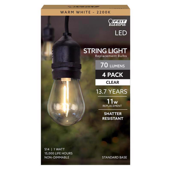 Feit Electric S14 LED Filament Light Bulbs, High Output, 2200K Warm White, 70 Lumens, String Light Replacement Bulbs, 15,000-Hour Lifespan, Clear Durable Housing, S14/822/FILED/4, 4 Pack