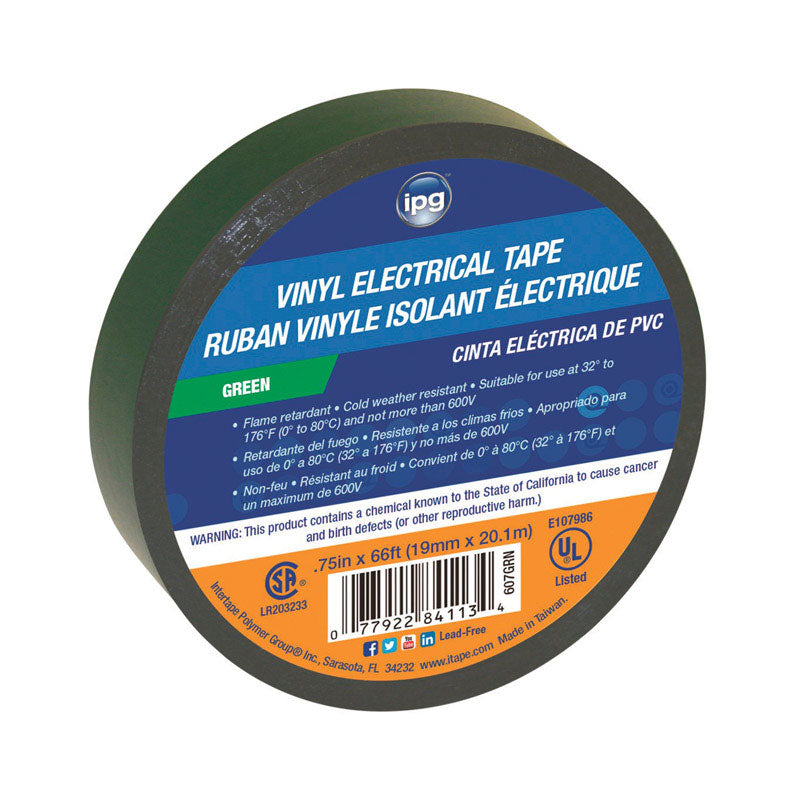IPG 4113 Vinyl All Purpose Electrical Tape, 6' Length x 3/4" Width, Green