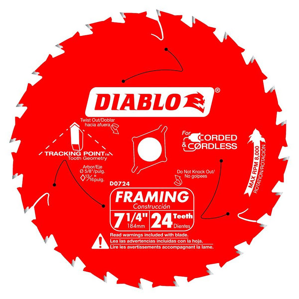 Freud Diablo D0724A 7-1/4in 24T ATB Framing Saw Blade 5/8in & Diamond Knockout Arbor