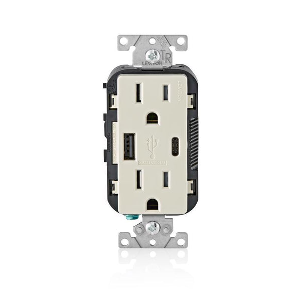 Leviton T5633-T Type A & Type-C USB In-Wall Charger with 15A Tamper-Resistant Outlet, USB Charger for Smartphones and Tablets. Not for Laptops, Light Almond