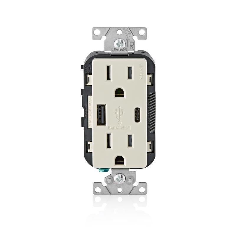 Leviton T5633-T Type A & Type-C USB In-Wall Charger with 15A Tamper-Resistant Outlet, USB Charger for Smartphones and Tablets. Not for Laptops, Light Almond