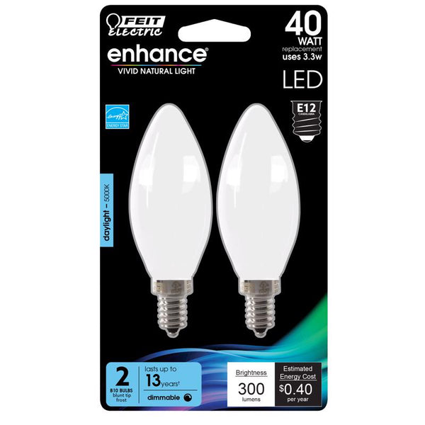 Feit Electric LED B11 40W Equiv, 300 Lumens, Filament Frost Glass, Candelabra, Dimmable, 5000K, 2 Pk, CEC Compliant BPCTF40950CAFL2