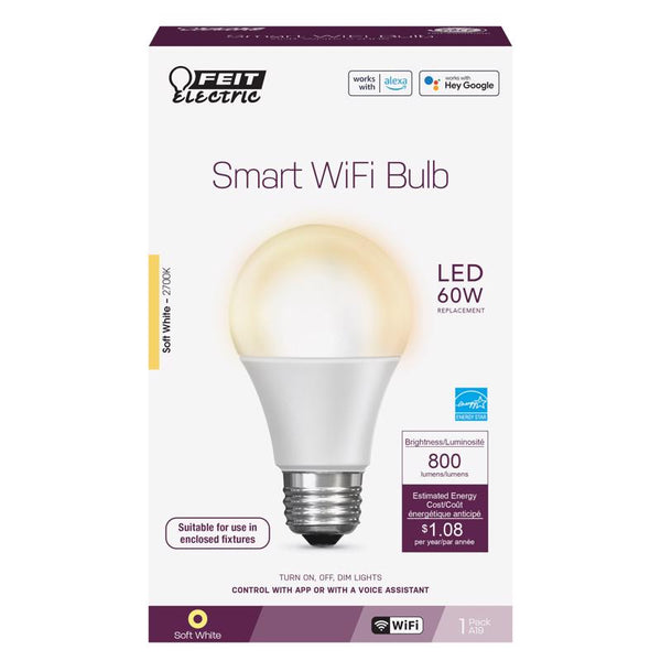 Feit Electric OM60/927CA/AG 60W Equivalent WiFi Dimmable, No Hub Required, Alexa Google Assistant A19 Smart LED Light bulb, 4.4" H x 2.3" D, 2700K Soft White