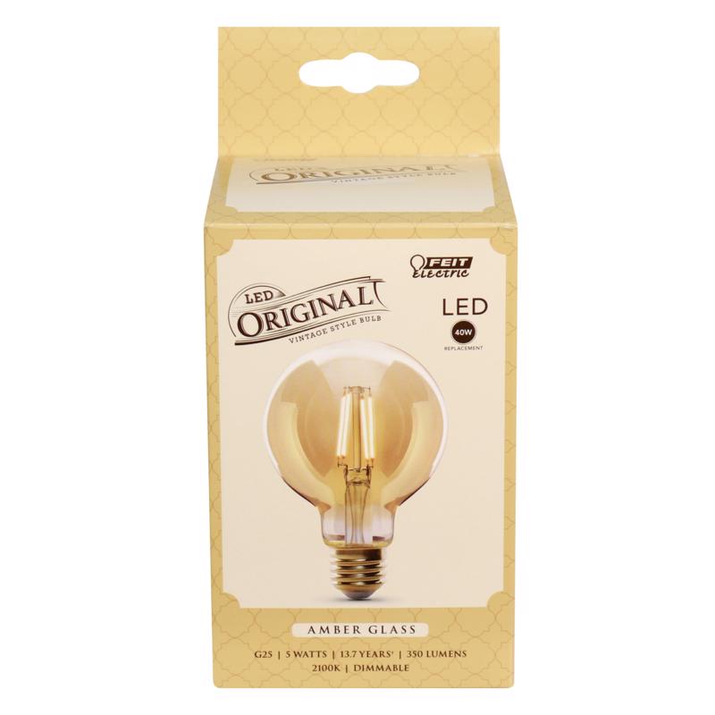 Feit Electric – “Original” Vintage Exposed Filament Amber Glass Soft White (2100K) Dimmable Globe G25 LED Light Bulb, (G25/VG/LED)