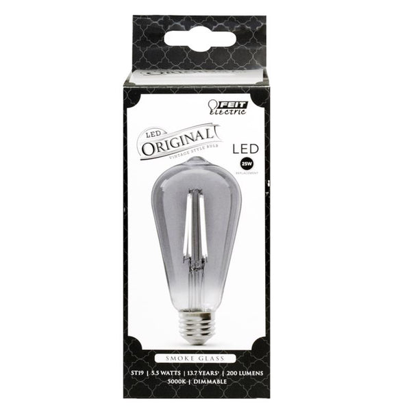 Feit Electric Vintage Exposed Filament Smoke Glass LED ST19 with a Medium E26 Base Light Bulb - 25W Equivalent - 10 Year Life - 200 Lumen - 5000K Dayllight - Dimmable | Original Vintage ST19/SMK/VG/LED