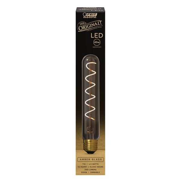 Feit Electric Vintage Exposed Filament Amber Glass LED T10L with a Medium E26 Base Light Bulb - 40W Equivalent - 10 Year Life - 200 Lumen - 2100K Soft White - Dimmable | Original Vintage T10L/S/820/LED
