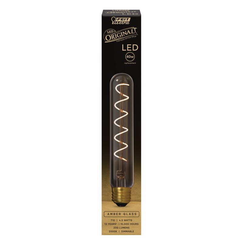 Feit Electric Vintage Exposed Filament Amber Glass LED T10L with a Medium E26 Base Light Bulb - 40W Equivalent - 10 Year Life - 200 Lumen - 2100K Soft White - Dimmable | Original Vintage