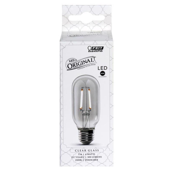Feit Electric Vintage Exposed Filament Clear Glass LED T14 with a Medium E26 Base Light Bulb - 40W Equivalent - 10 Year Life - 300 Lumen - 2100K Soft White - Dimmable | Original Vintage T14/CL/VG/LED