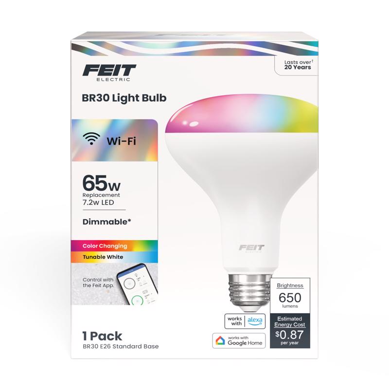 Feit Electric BR30/RGBW/CA/AG WiFi Changing and Dimmable, No Hub Required, Alexa or Google Assistant BR30 Smart LED Light Bulb, 65W, Multi-Color RGBW