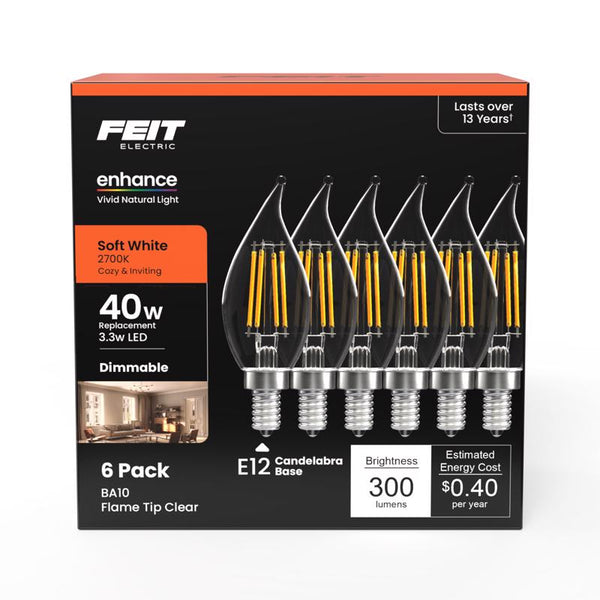 Feit Electric 40-Watt Equivalent CA10 LED Light Bulb, Dimmable Enhance Glass Candelabra Filament, 300 Lumens, 13 Yrs. Lifetime, 2700K Soft White, 6-Pack - CFC40/927CA/FIL/6
