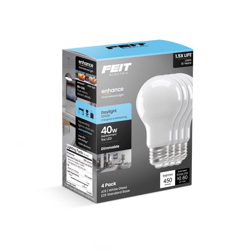 Feit Electric A19 LED Filament Light Bulbs, 40W Equivalent, Dimmable, E26 Standard Base, 450 Lumens, 5000K Daylight, 13 Years Lifetime, Frosted White LED Bulbs, Damp Rated, 4 Pack, A1940/950CA/FIL/4