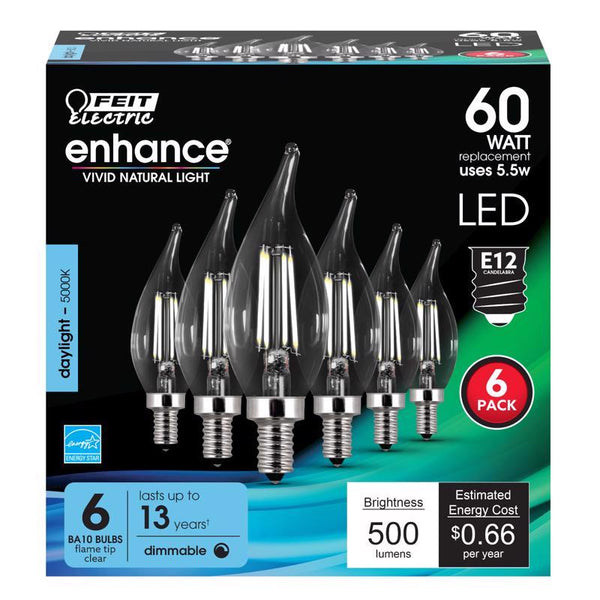 Feit Electric 60-Watt Equivalent CA10 LED Light Bulb, Dimmable Enhance Glass Candelabra Filament, 500 Lumens, 13 Yrs. Lifetime, 5000K Daylight, 6-Pack - CFC60/950CA/FIL/6