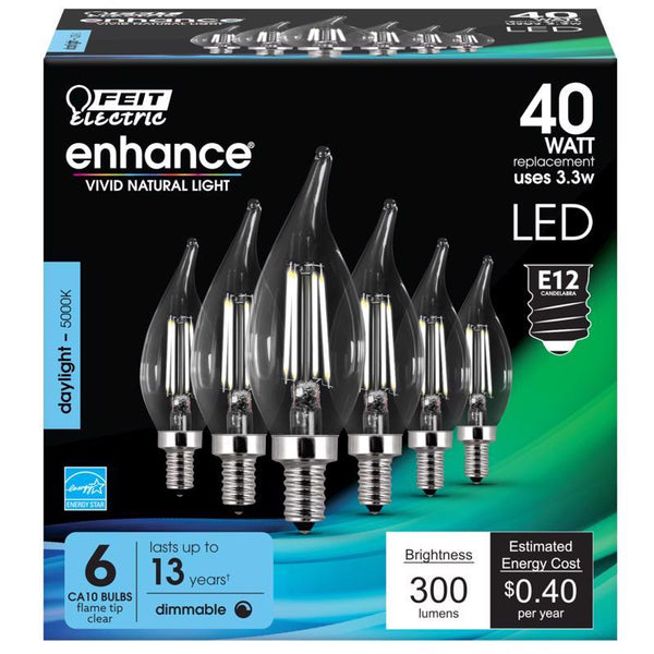 Feit Electric CFC40/950CA/FIL/6 3.3W 40W Equivalent Clear Dimmable 300 Lumen Flame Tip 6-Pack LED Chandelier Light Bulb, 4.3"H x 1.3"D, 5000K (Daylight), 6 Piece