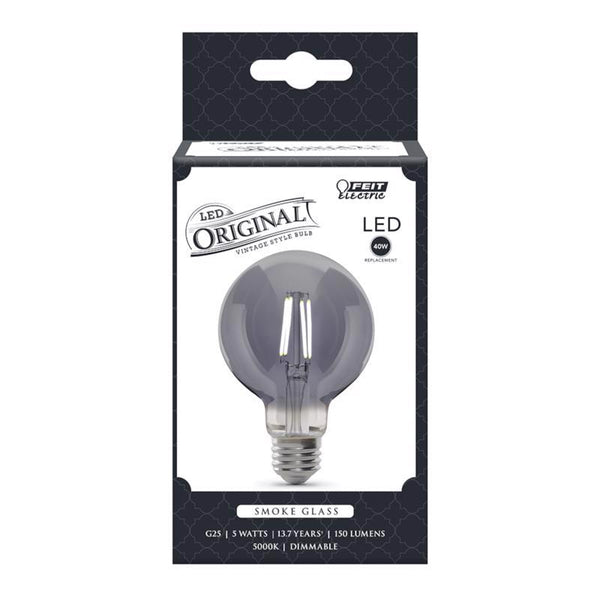 Feit Electric Vintage Exposed Filament Smoke Glass LED G25 with a Medium E26 Base Light Bulb - 60W Equivalent - 10 Year Life - 150 Lumen - 5000K Daylight - Dimmable | Original Vintage G25/SMK/VG/LED