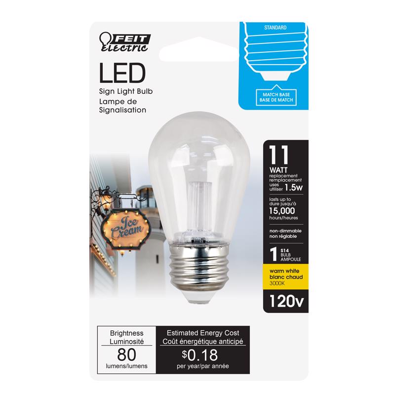 FEIT Electric BPS14/SU/LED Non-Dimmable Led Bulb, 1.5 W, 120 V, 80 Lumens, 3000K, 1-1/2 in Dia X 3-1/4 in L, Warm White
