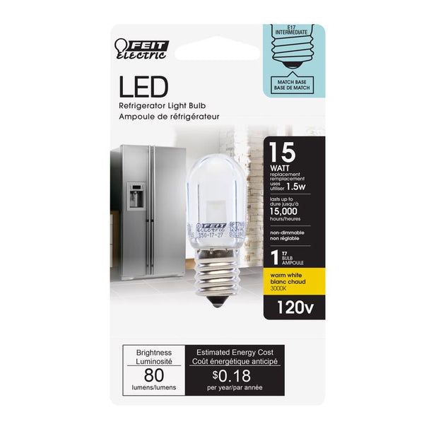 Feit Electric BPT7N/SU/LED Non-Dimmable Led Bulb, 15 W, 120 Vac, E17 (Intermediate) Base, Warm, 80 Lumens, White