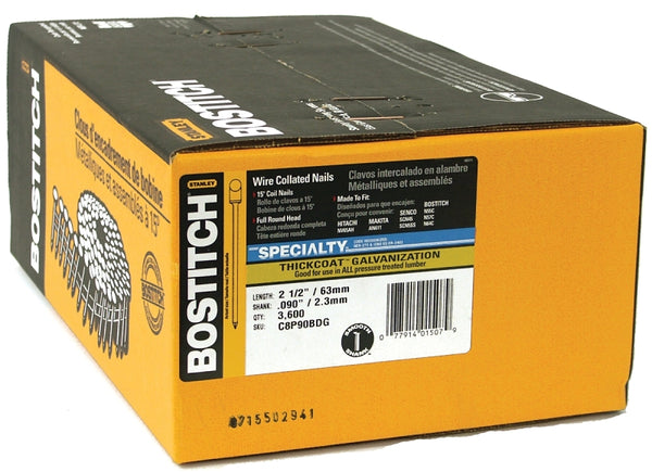 BOSTITCH Siding Nails, Wire Collated Coil, Thickcoat Galvanized, Round Head, 15-Degree, 2-1/2-Inch x .090-Inch, 3600-Pack (C8P90BDG)