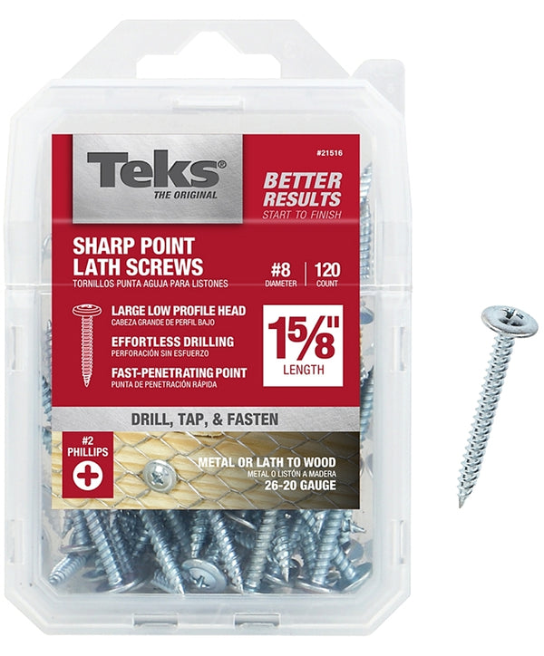 ITW Brands 21516 Series Teks, 120 Pack, 1-5/8" Lathe Sharp Point Screw, 8" x 1-5/8", Zinc Plated