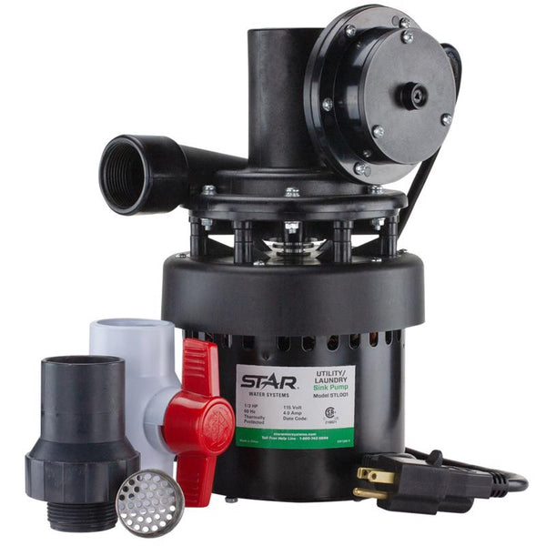 Star STL001 Automatic Utility/Laundry Sink Pump (1/3 HP) Mounts Directly Under Sink Tub, Heavy-Duty Thermoplastic, 115V, Includes Drain Screen, Check Valve & Ball Valve