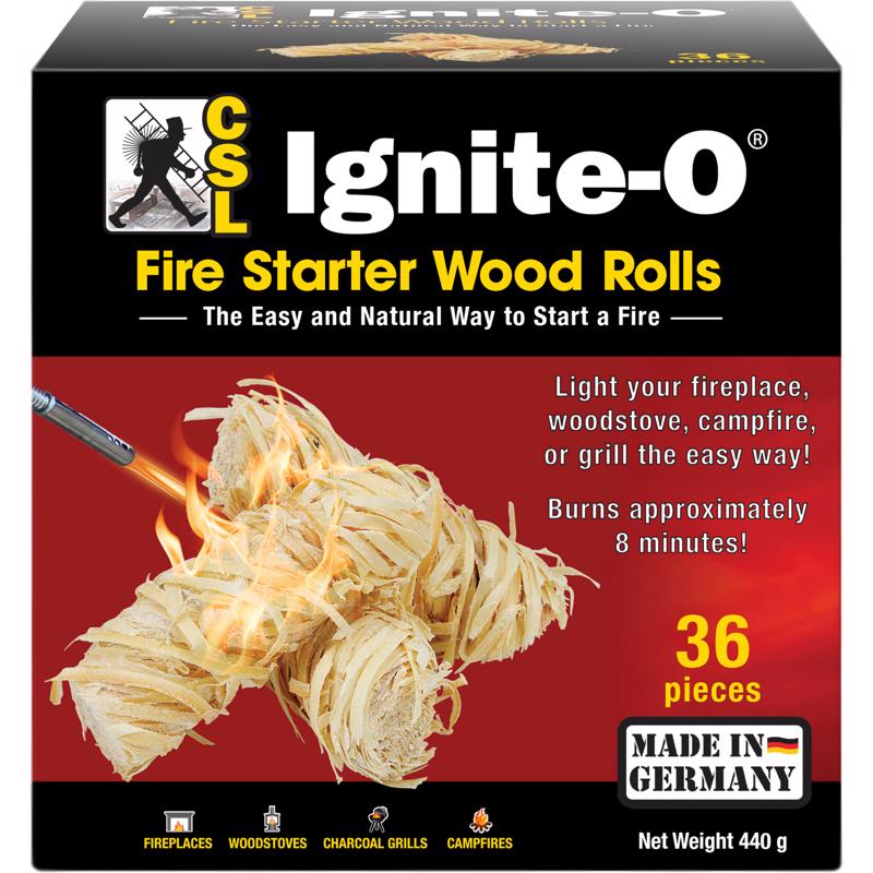 Ignite-O Fire Starter Natural Wood Rolls - 36 Pieces - Made in Germany - Sustainably Grown Wood - Non-Toxic Firestarter for Fireplaces, Woodstoves, Campfires & Grills - Quick & Easy