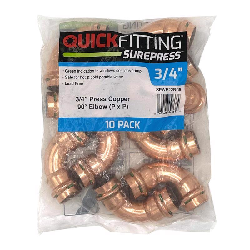 QuickFitting SurePress 3/4" Copper Press 90 Degree Elbow (P x P), Plumbing Fitting, Compatible with Type K L M Copper Tubing, No Flame Installation, 10 Pack