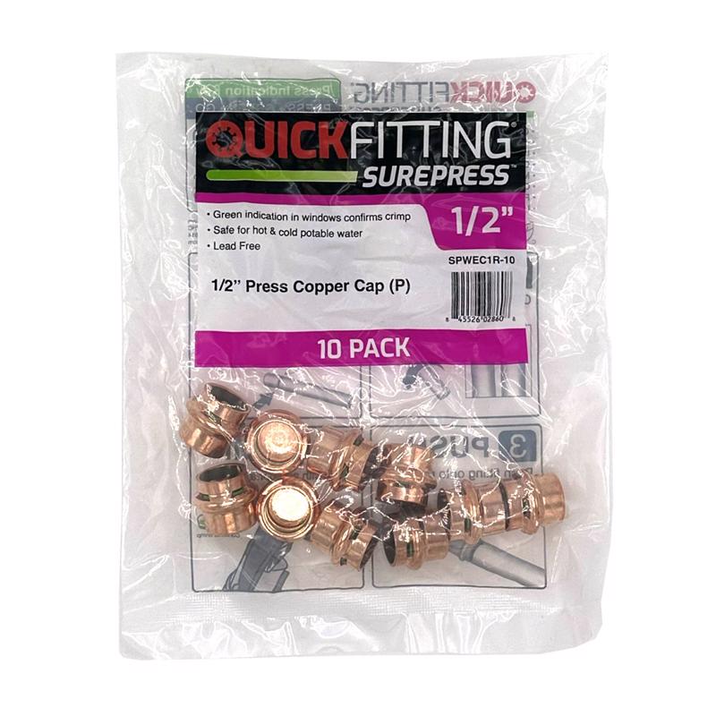 QuickFitting SurePress 1/2" Copper Press Cap (P), Plumbing Fitting, Compatible with Type K L M Copper Tubing, No Flame Installation, 10 Pack