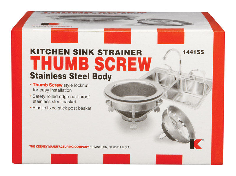 Plumb Pak, Stainless Steel Keeney 1441SS Sink Strainer Thumb Screw Style with Fixed Post Basket, Size