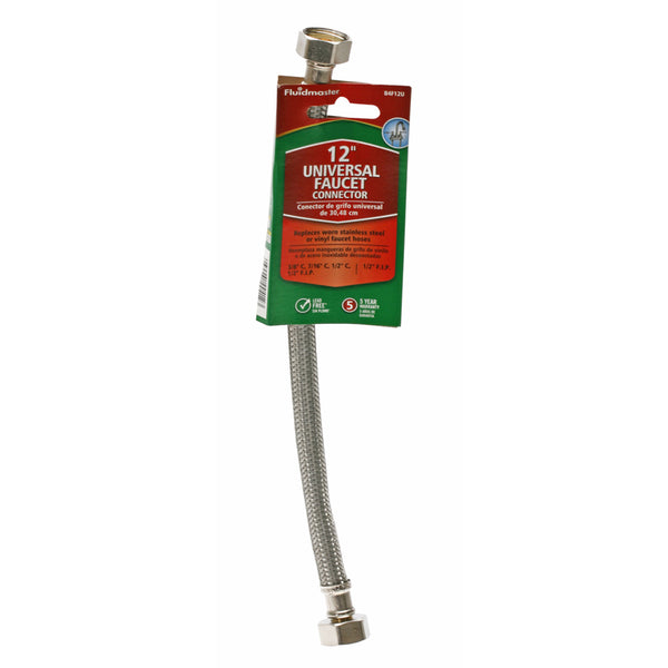 Fluidmaster B4F12U Faucet Connector With Size Adaptors, Braided Stainless Steel - 3/8 Compression, 7/16 Compression, 1/2 Compression or 1/2 F.I.P. Thread x 1/2 F.I.P. Thread, 12-Inch Length