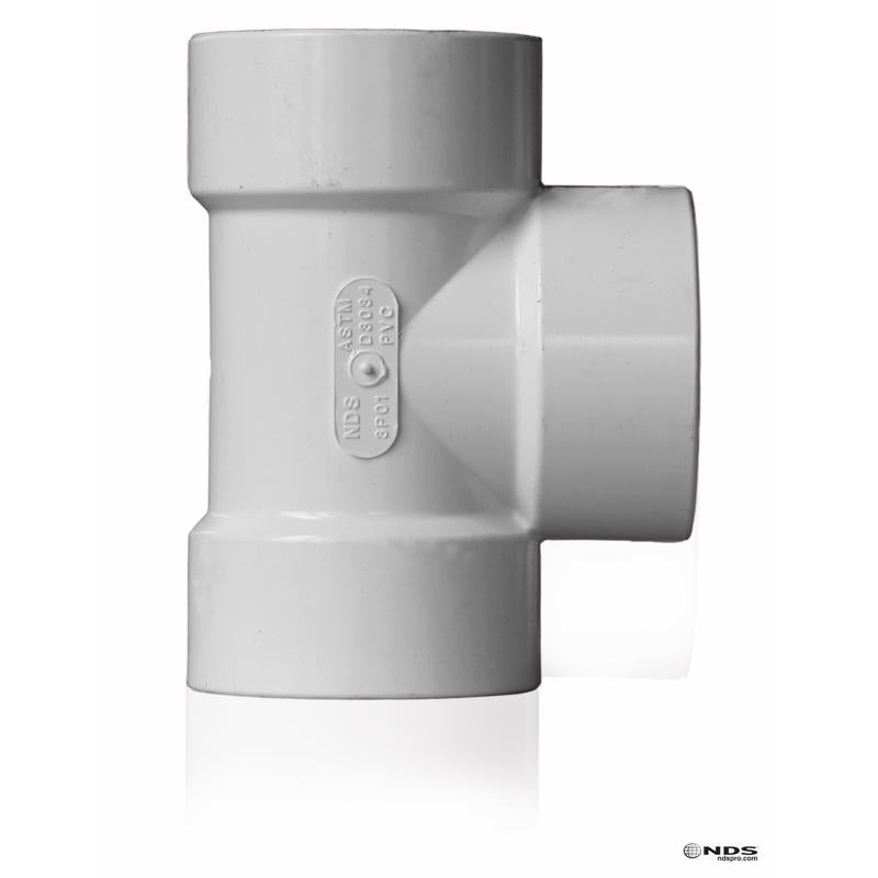 NDS 3P01 PVC S&D Tee, 3-Inch, for Hub X Hub X Hub Solvent-Weld Connections, for use with 3-Inch Sewer and Drain Pipe, White