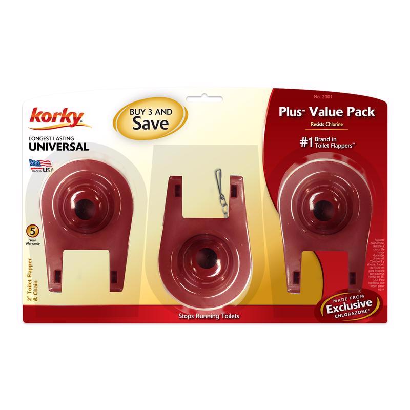 Korky 2001TP Universal Toilet Tank Flapper (3 Pack) -Easy to Install-Long Lasting All Rubber Seal-Made in USA, Red, 3 Count