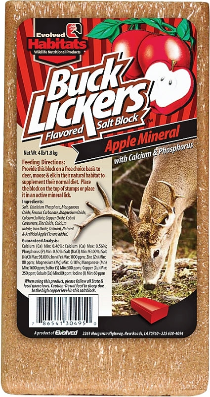 EVOLVED HABITATS Buck Lickers Flavored Salt Block 4 Lbs Apple Mineral Deer Attractant - Ready & Easy to Use Time-Release All Year-Round Food Supplement for Deer, Elk & Moose 30495