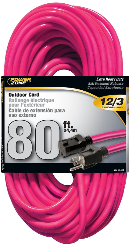 Power Zone Cord Extension Outdoor 12/3x80ft Neon Pink ORN513833