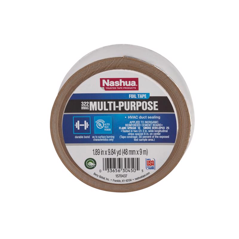 Nashua 322 HVAC Multipurpose Foil Tape, 3.2mil Thick, UV & Moisture Resistant, UL 723 Classified for HVAC Ducts, Insulation Seaming, Automotive Repairs - 48mm x 9m
