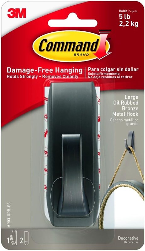 Command Large Modern Reflections Metal Hook, Holds up to 5 lb, Oil Rubbed Bronze, 1 Wall Hook with 2 Strips, Damage-Free Hanging Hooks for Hanging Decorations in Living Spaces MR03-ORB-ES