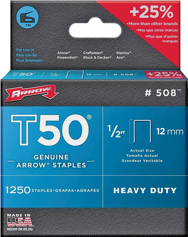 Arrow Fastener T50 3/8 in. W x 1/2 in. L 18 Ga. Flat Crown Heavy Duty Staples 1250 pk 50824