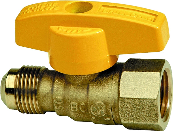 BrassCraft 08-2016- Brass Craft Gas Ball Valve, Quarter Turn, Series: Tbv6F-8, 3/8 x 1/2 In, 5 Psi, 32 - 125 deg F, Flared x FIPT End Connection, Forged Brass Body, Ptfe Seat, Extruded Brass Stem, Forged Brass Retainer, Zinc Plated steel Screw Trim, Viton