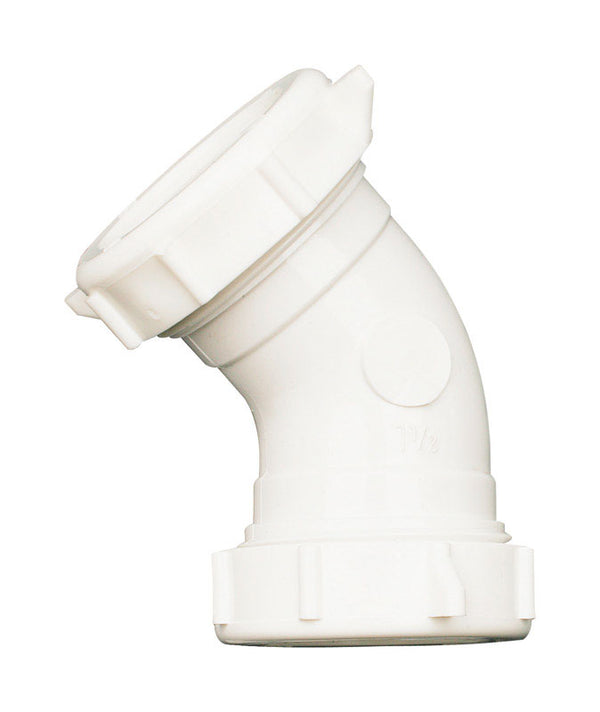 Plumb Pak PP55-7W Drain Pipe Elbow with Reducing Washer, 45 Deg, 1-1/2 in, Plastic, 1.5", White