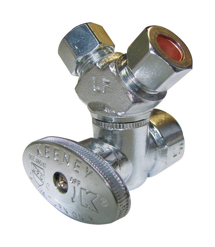 Plumb Pak PP2901VLF 3-Way Stop Valve, 1/2 X 3/8 X 3/8 In, Fip X Compression, Chrome Plated, 1/2" x 3/8" x 3/8"