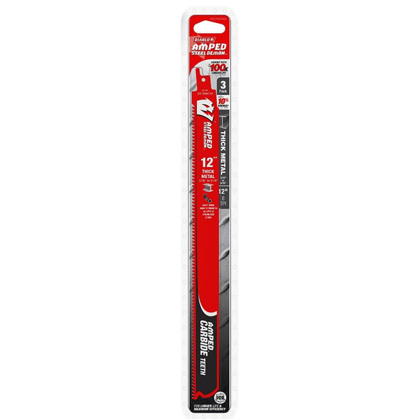 Diablo DS1208CFA3 12" 8TPI Amped Steel Demon Carbide Teeth Reciprocating Saw Blades for Thick Metal (3 Pack)