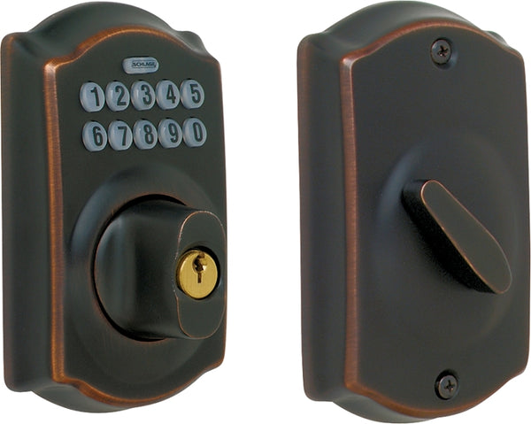 Schlage BE365 V CAM 716 Camelot Keypad Deadbolt, Electronic Keyless Entry Lock, Aged Bronze