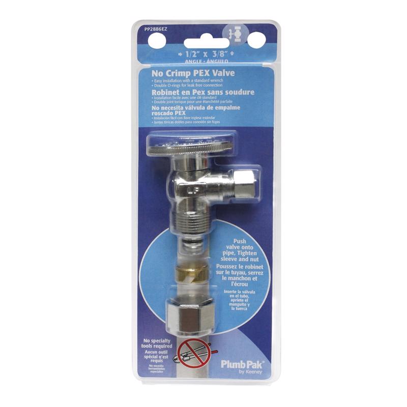 Plumb Pak Quarter Turn No Crimp PEX Angle Valve, 1/2'' Comp x 3/8'' O.D., Chrome